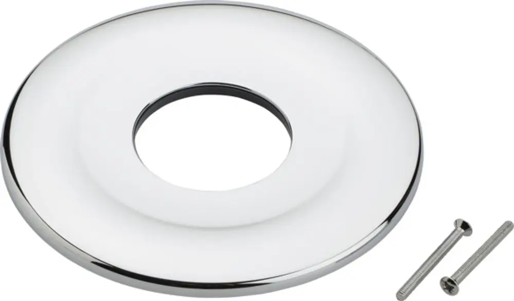 Runde Chrom-Rosette mit mittigem Loch und zwei dazugehörigen Schrauben. Produkt von Ideal Standard, geeignet für die Installation von Brausen oder ähnlichen Armaturen.